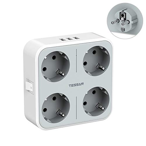 TESSAN Enchufes USB, Enchufes de 4 Vías con 3 USB, Adaptador de Enchufe 7 en 1 con Enchufe Múltiple Cargador USB, Enchufe USB Enchufe Pared USB Teléfono Portátil, Ladron Enchufes USB Gris