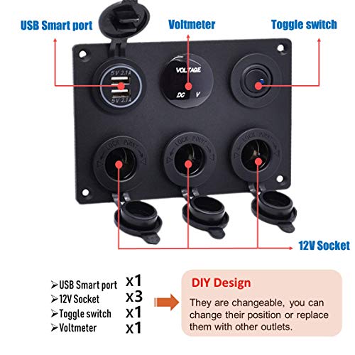 Thlevel 6-en-1 Panel Multifuncional Cargador Coche con Cargador Dual de Toma USB, Encendedor de Cigarrillos, Voltímetro LED, Interruptores, para Marina, Barco, Coche, Camión