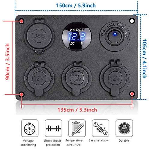 Thlevel 6-en-1 Panel Multifuncional Cargador Coche con Cargador Dual de Toma USB, Encendedor de Cigarrillos, Voltímetro LED, Interruptores, para Marina, Barco, Coche, Camión