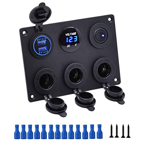 Thlevel 6-en-1 Panel Multifuncional Cargador Coche con Cargador Dual de Toma USB, Encendedor de Cigarrillos, Voltímetro LED, Interruptores, para Marina, Barco, Coche, Camión