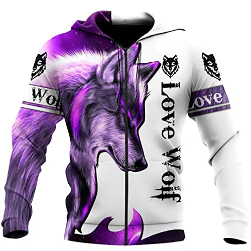 TN-KENSLY 2021 Purple Wolf 3D Sudadera con Capucha para Hombre con Estampado General Unisex Harajuku Streetwear Zip Pullover Zipper Hoodie XXL