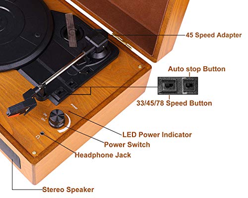 Tocadiscos dl Record Player con 3 velocidades 33/45/78 Vinyl Tturntable Portátil de Madera Vintage con Altavoces Estéreo Incorporados,Grabadora de PC, RCA, AUX… (639PW)