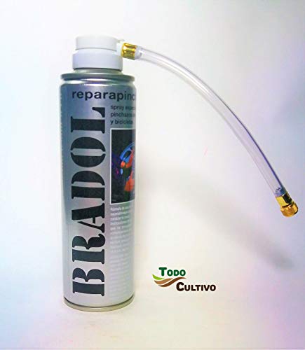 Todo Cultivo Bradol Kit antipinchazo. Spray repara pinchazos valido para Coches, Motos y Bicicletas. Destaca por la sencillez de su manejo.