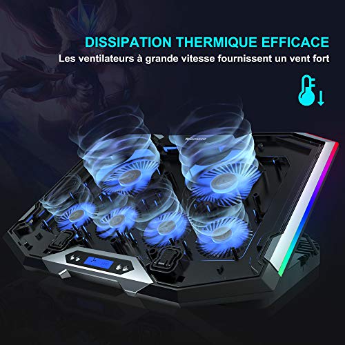 TopMate C11 Base Refrigeradora Portatil, Refrigeracion para Portatil Juegos RGB para Portátiles de 15,6-17,3", Base Portatil con 6 Azul Ventilador+5 Altura Ajustables, Pantalla LCD+Soporte Teléfono