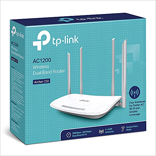 TP-Link Archer C50 - Router wifi de doble banda, 1200 Mbps, 2.4 GHz a 300 Mbps y 5 GHz a 867 Mbps, 4 antenas externas de doble banda, Fast Ethernet, puerto de 100 Mbps, blanco
