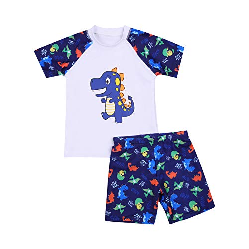 Traje de Baño Dividido para Niños Camiseta de Baño de Manga Corta Cuello Redondo Pantalones Cortos de Baño de Dinosaurio Conjunto de Ropa de Natación Niños (Blanco, 9-10 Años)