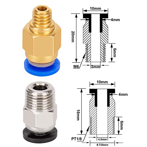 Tubo de teflón para impresora 3D LUTER de 3 piezas, tubo azul PTFE (1 m) + 3 piezas de accesorios PC4-M6 + 3 piezas PC4-M10 ajuste neumático recto para conectar tubo PTFE para filamento de 1,75 mm