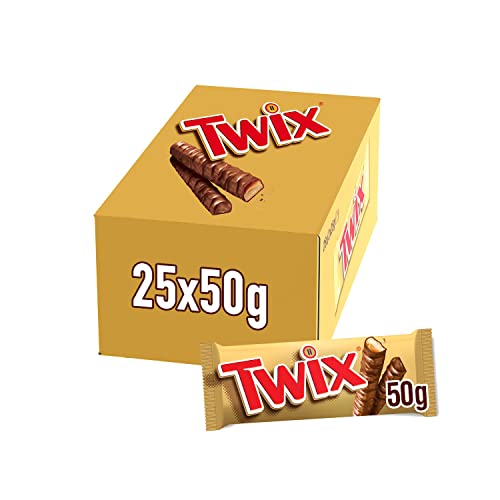 Twix Chocolatina Con Galleta Crujiente Y Suave Recubiertos De Chocolate Con Leche, En Barrita Doble ( Chocolatinas X 50g), Caramelo, 25 Unidad