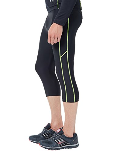 Ultrasport Pantalones de correr para hombre – pantalones de fitness 3/4 para hombre, con efecto de compresión y función de secado rápido, para fútbol, correr, marcha nórdica, ciclismo y otros deportes, Negro/Amarillo neón, XL