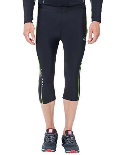 Ultrasport Pantalones de correr para hombre – pantalones de fitness 3/4 para hombre, con efecto de compresión y función de secado rápido, para fútbol, correr, marcha nórdica, ciclismo y otros deportes, Negro/Amarillo neón, XL