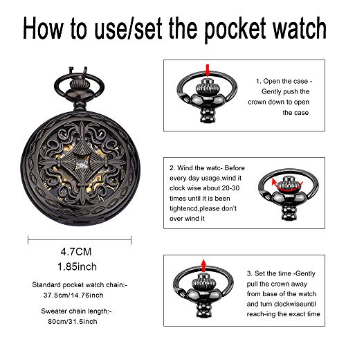 Unendlich U- Vendimia Negro Reloj de Bolsillo Mecánico para Hombres Mujeres Escala Numeral Romano con 2 Cadenas