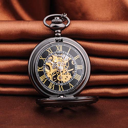 Unendlich U- Vendimia Negro Reloj de Bolsillo Mecánico para Hombres Mujeres Escala Numeral Romano con 2 Cadenas