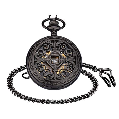 Unendlich U- Vendimia Negro Reloj de Bolsillo Mecánico para Hombres Mujeres Escala Numeral Romano con 2 Cadenas