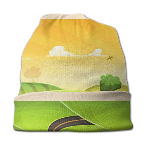 Unisex Beanie Hat Paisaje de Dibujos Animados cálido y Acogedor con Carretera y Sol Brillante Vector 3D Kids Fashion Beanie Caps Adecuado para niños de 3 a 15 años