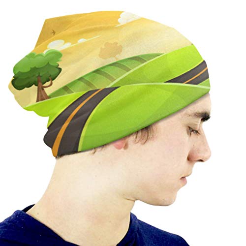 Unisex Beanie Hat Paisaje de Dibujos Animados cálido y Acogedor con Carretera y Sol Brillante Vector 3D Kids Fashion Beanie Caps Adecuado para niños de 3 a 15 años