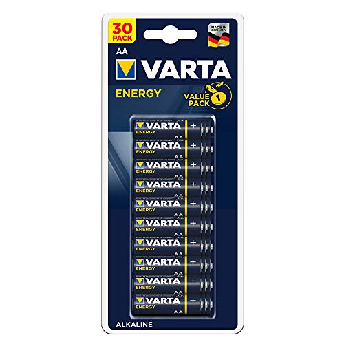 Varta Pila Energy AA Mignon LR06 (paquete de 30 unidades), pila alcalina – "Made in Germany" – Adecuado para radios y relojes de pared