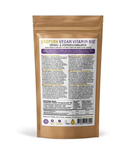 Vegan Vitamin B12 - Methylcobalamin & Adenosylcobalamin 1000mcg - 120 Cápsulas pequeñas, 4 meses de existencias
