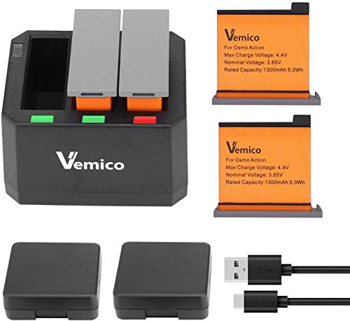 Vemico OSMO Action Cargador de Batería Kit 2X1300mAh Baterías de Repuesto y Cargador USB Tipo-C LED de 3 Canales Batería Recargable para DJI OSMO Action Camera
