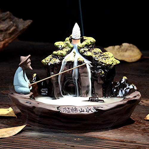 Verus - Quemador de incienso, diseño de flor de loto, de estilo zen, de reflujo, de cerámica, perfecto para el hogar, con 10 conos de incienso de reflujo