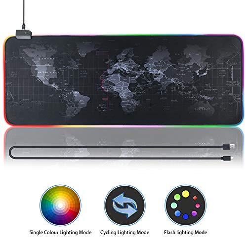 Vicloon Alfombrilla de Ratón RGB Extra Grande, Grandes Mapa del Mundo Alfombrilla de Ratón, 14 Modos de Luces, Base de Goma Antideslizante Alfombrilla para PC y Portátil -XXL 800x300x4 mm