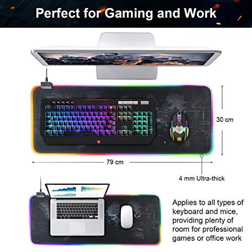 Vicloon Alfombrilla de Ratón RGB Extra Grande, Grandes Mapa del Mundo Alfombrilla de Ratón, 14 Modos de Luces, Base de Goma Antideslizante Alfombrilla para PC y Portátil -XXL 800x300x4 mm