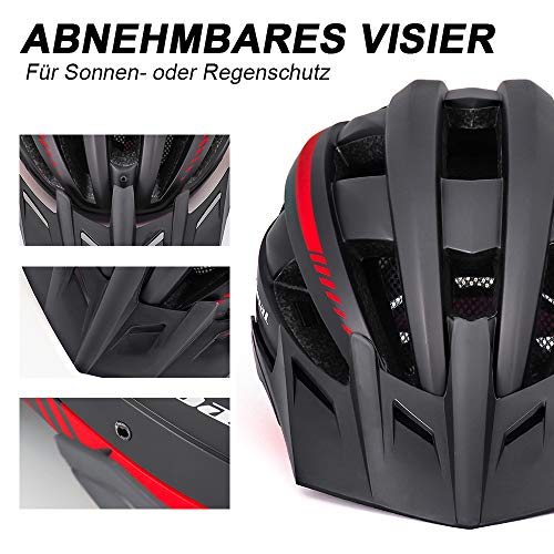 VICTGOAL Casco Bicicleta Adulto con Luz LED Casco de Ciclismo Ajustable MTB Casco Bicicleta de Montaña para Hombres Mujeres 57-61 CM (Negro Rojo)