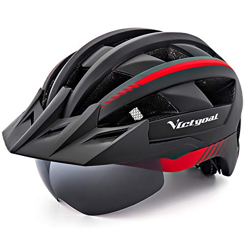 VICTGOAL Casco Bicicleta Adulto con Luz LED Casco de Ciclismo Ajustable MTB Casco Bicicleta de Montaña para Hombres Mujeres 57-61 CM (Negro Rojo)