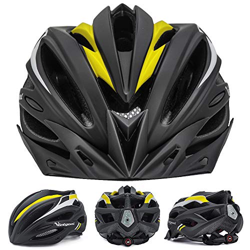 VICTGOAL Casco Bicicleta Adulto Unisexo para Ciclismo MTB Road Race Montaña Casco con Luz Trasera LED Visera Extraíble Hombres Mujeres Adultos Casco (Amarillo Negro)