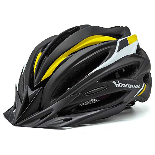 VICTGOAL Casco Bicicleta Adulto Unisexo para Ciclismo MTB Road Race Montaña Casco con Luz Trasera LED Visera Extraíble Hombres Mujeres Adultos Casco (Amarillo Negro)