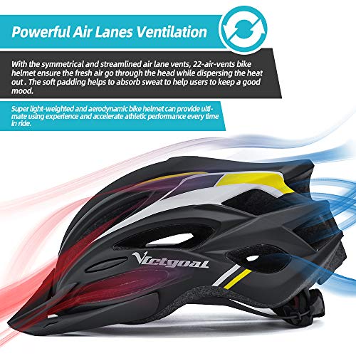 VICTGOAL Casco Bicicleta Adulto Unisexo para Ciclismo MTB Road Race Montaña Casco con Luz Trasera LED Visera Extraíble Hombres Mujeres Adultos Casco (Amarillo Negro)