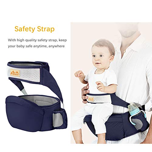 Viedouce Portabebé Ergonómico Asiento de Cadera,con Protección del Cinturón la Seguridad,Algodón Puro Ligero,Taburete de Cintura de Posición Múltiple por Bebé Niños 6-36 Meses(Azul Oscuro)