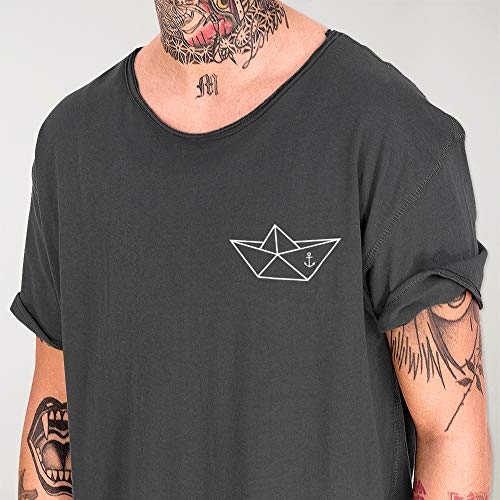 VIENTO Anchored Paper Ship Camiseta Cuello Abierto para Hombre (Antracita, L)