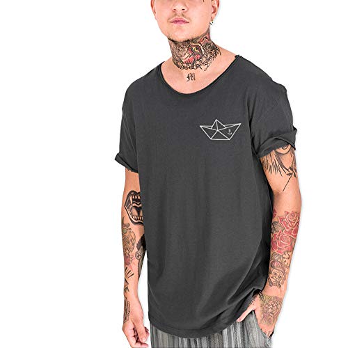 VIENTO Anchored Paper Ship Camiseta Cuello Abierto para Hombre (Antracita, L)