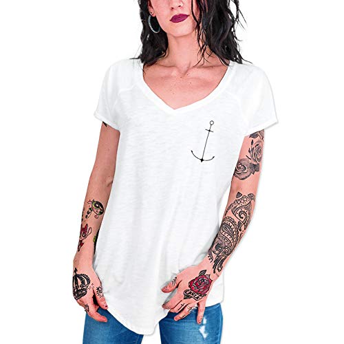 VIENTO Minimal Anchor Camiseta de Pico para Mujer (Blanco, M)