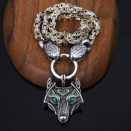 Viking Norse Fenrir Wolf Amuleto Collar Colgante de Acero Inoxidable, Jormungand — Python (Serpiente) Cabeza, Cadena de Rey, No Se Desvanece Ni Se Corroe, Fuerte Y Resistente,27.6ICNH