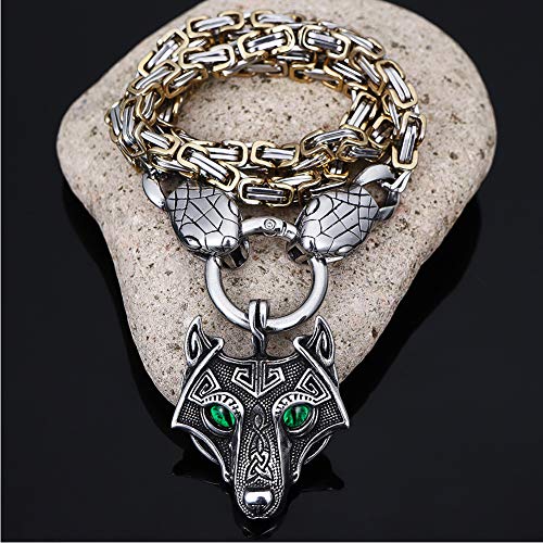 Viking Norse Fenrir Wolf Amuleto Collar Colgante de Acero Inoxidable, Jormungand — Python (Serpiente) Cabeza, Cadena de Rey, No Se Desvanece Ni Se Corroe, Fuerte Y Resistente,27.6ICNH