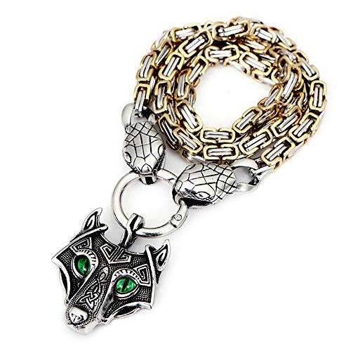 Viking Norse Fenrir Wolf Amuleto Collar Colgante de Acero Inoxidable, Jormungand — Python (Serpiente) Cabeza, Cadena de Rey, No Se Desvanece Ni Se Corroe, Fuerte Y Resistente,27.6ICNH