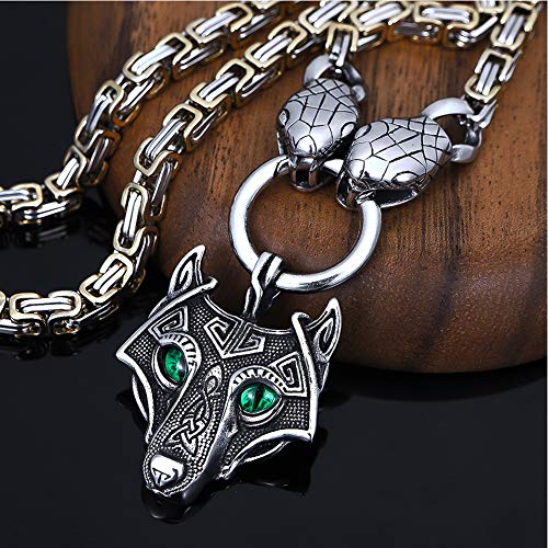 Viking Norse Fenrir Wolf Amuleto Collar Colgante de Acero Inoxidable, Jormungand — Python (Serpiente) Cabeza, Cadena de Rey, No Se Desvanece Ni Se Corroe, Fuerte Y Resistente,27.6ICNH