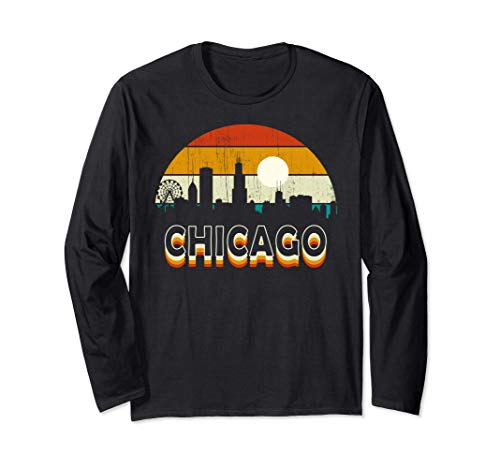 Vintage Retro Style Chicago City Gift Sunset Skyline Chicago Manga Larga