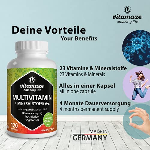 Vitamaze® Multivitaminas Cápsulas de Dosis Alta, 23 Valiosas Vitaminas Completas de la A-Z y Minerales y Oligoelementos, 120 Cápsulas Vegetarianas para 4 Meses, Suplemento sin Aditivos Innecesarios
