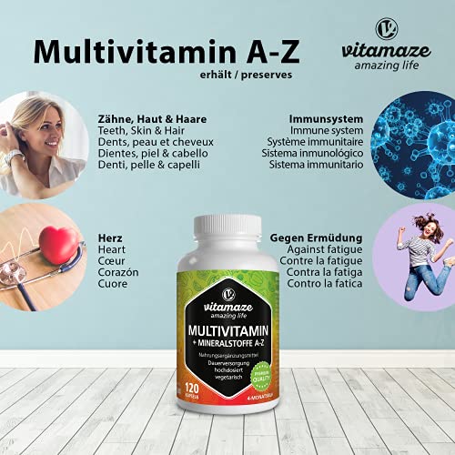 Vitamaze® Multivitaminas Cápsulas de Dosis Alta, 23 Valiosas Vitaminas Completas de la A-Z y Minerales y Oligoelementos, 120 Cápsulas Vegetarianas para 4 Meses, Suplemento sin Aditivos Innecesarios