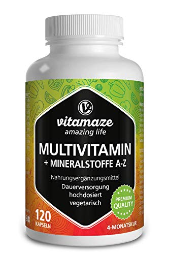 Vitamaze® Multivitaminas Cápsulas de Dosis Alta, 23 Valiosas Vitaminas Completas de la A-Z y Minerales y Oligoelementos, 120 Cápsulas Vegetarianas para 4 Meses, Suplemento sin Aditivos Innecesarios