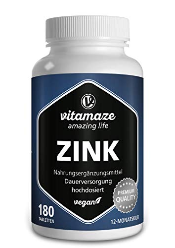 Vitamaze® Zinc Tabletas, 25 mg por Dia, 180 Pastillas Vegano para 12 Meses, la Mejor Biodisponibilidad, Natural Pura Suplemento Alimenticio sin Aditivos Innecesarios, Calidad Alemana