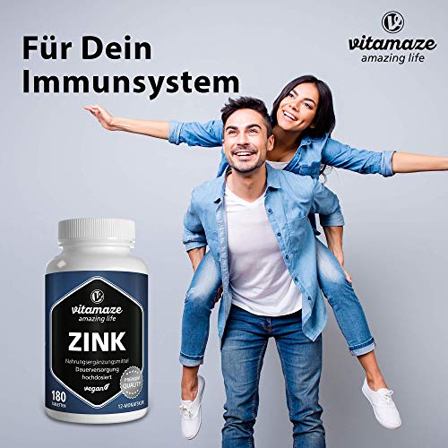Vitamaze® Zinc Tabletas, 25 mg por Dia, 180 Pastillas Vegano para 12 Meses, la Mejor Biodisponibilidad, Natural Pura Suplemento Alimenticio sin Aditivos Innecesarios, Calidad Alemana