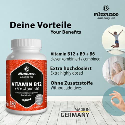 Vitamina B12 Altamente Concentrada con Fórmula Vital + Vitamina B6 Metilcobalamina, 180 Comprimidos Vegana, Organica Pura Suplemento Alimenticio sin Aditivos Innecesarios, Calidad Alemana