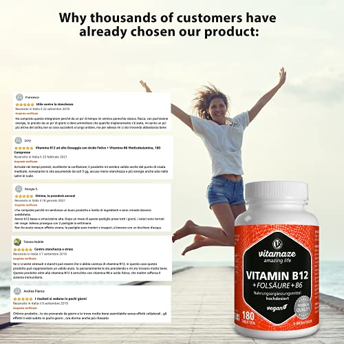 Vitamina B12 Altamente Concentrada con Fórmula Vital + Vitamina B6 Metilcobalamina, 180 Comprimidos Vegana, Organica Pura Suplemento Alimenticio sin Aditivos Innecesarios, Calidad Alemana