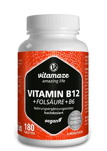 Vitamina B12 Altamente Concentrada con Fórmula Vital + Vitamina B6 Metilcobalamina, 180 Comprimidos Vegana, Organica Pura Suplemento Alimenticio sin Aditivos Innecesarios, Calidad Alemana
