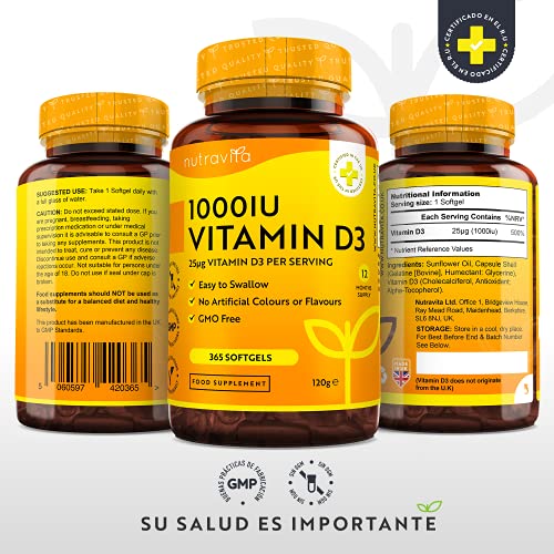 Vitamina D3 1000 UI - 365 Cápsulas de Gel de Colecalciferol (Suministro Para Un Año) - Vitamina D Contribuye al Mantenimiento de Huesos y Dientes Normales - Hecho en el Reino Unido por Nutravita