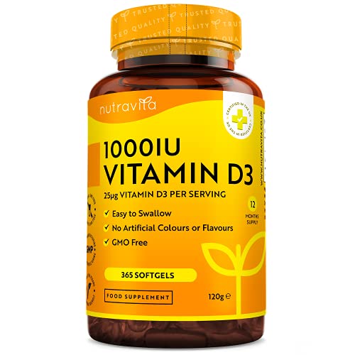 Vitamina D3 1000 UI - 365 Cápsulas de Gel de Colecalciferol (Suministro Para Un Año) - Vitamina D Contribuye al Mantenimiento de Huesos y Dientes Normales - Hecho en el Reino Unido por Nutravita