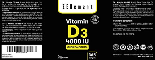 Vitamina D3 4000 UI (Colecalciferol) | 365 Cápsulas, 1 Año de suministro | Huesos, Músculos, Sistema Inmunológico | con Aceite de Oliva Virgen Extra | No-GMO, sin Soja | de Zenement